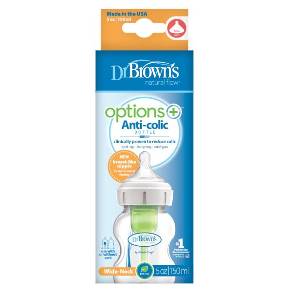 A package of Dr. Brown’s Natural Flow® Options+™ Anti-Colic Wide-Neck Bottle 5 ounce