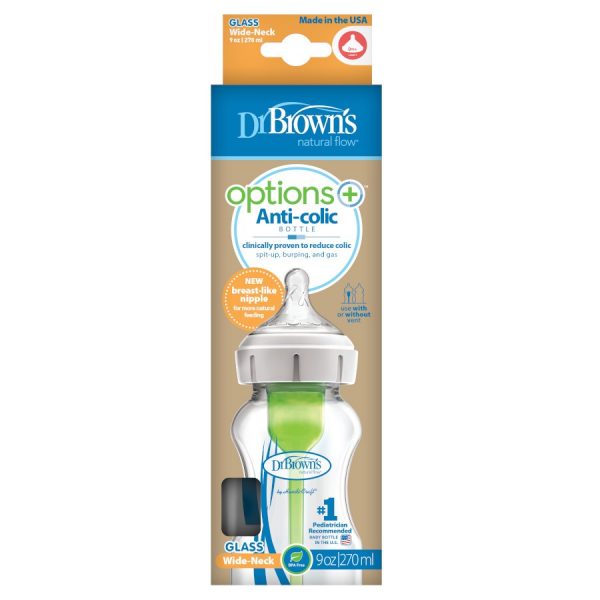 Package of Dr. Brown’s Natural Flow® Options+™ Glass Wide-Neck Bottle 9 ounce